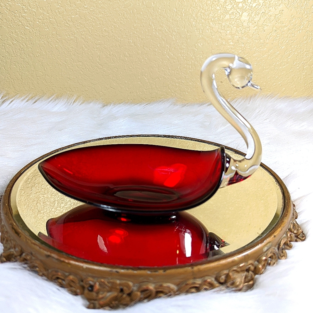 Duncan Miller Ruby Red Glass Swan Dish 8 in Candy Nut Vintage Clear Neck